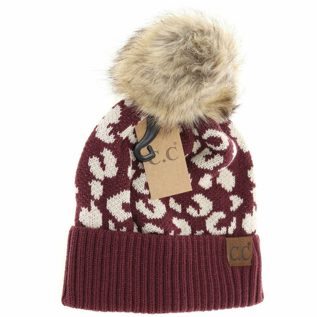 Leopard Pattern Fur Pom Beanie