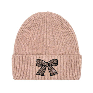 Rhinestone Ribbon Bow Embellishment C.C Beanie Dusty Rose