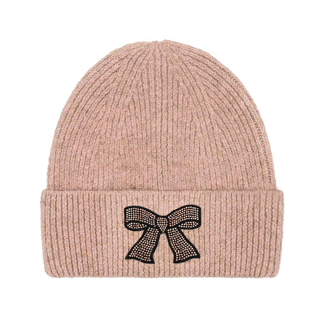 Rhinestone Ribbon Bow Embellishment C.C Beanie Dusty Rose