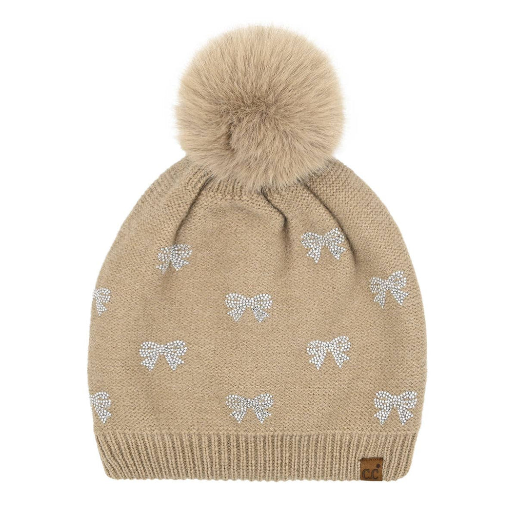 Allover Mini Rhinestone Bow C.C Faux Fur Pom Beanie