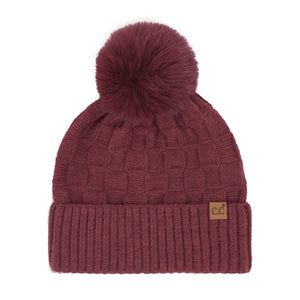 Woven Checkered Texture Pom C.C Beanie Burgundy