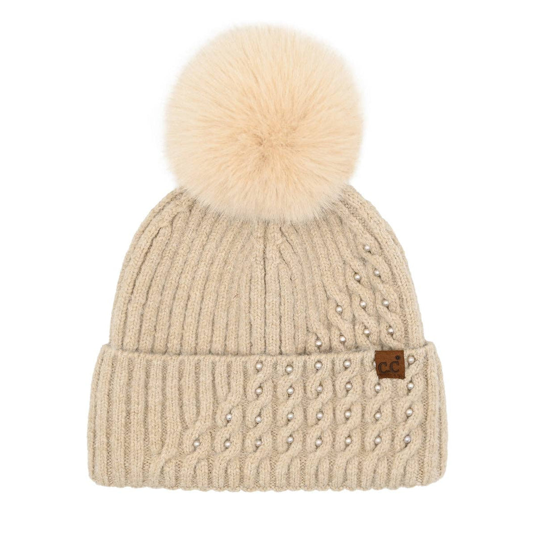 Pearl Embellished Cable Knit C.C Faux Fur Pom Beanie