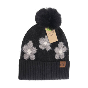 Daisy Contrast Faux Fur Pom C.C Beanie Heather Black