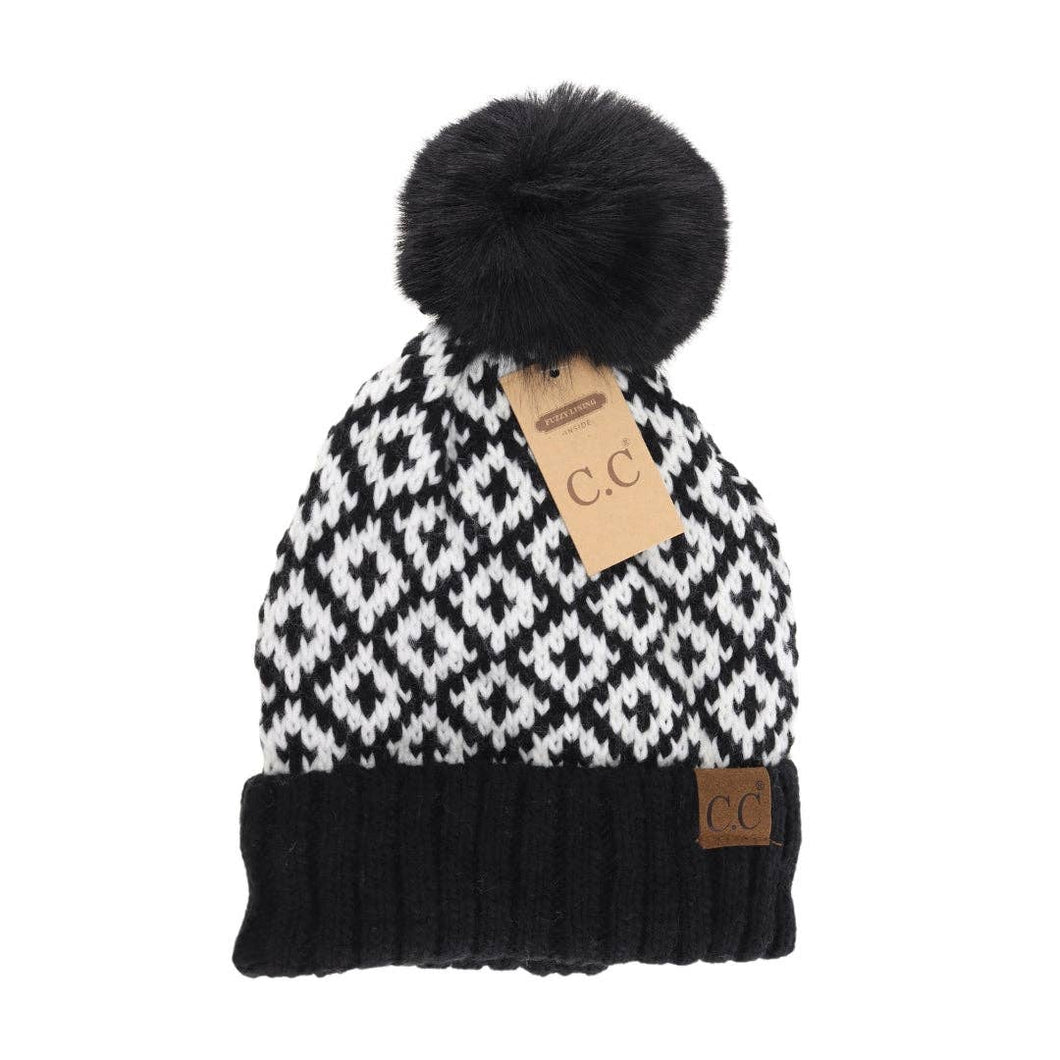 Fuzzy Lined Diamond Patterned Faux Fur Pom C.C Beanie