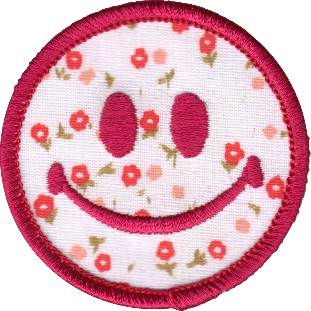 Patch - Happy Face - Red On Floral Pattern - Small